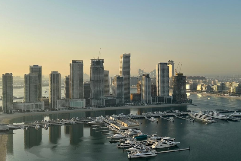 Actual Emaar Beachfront tower skyline and harbour in May 2025