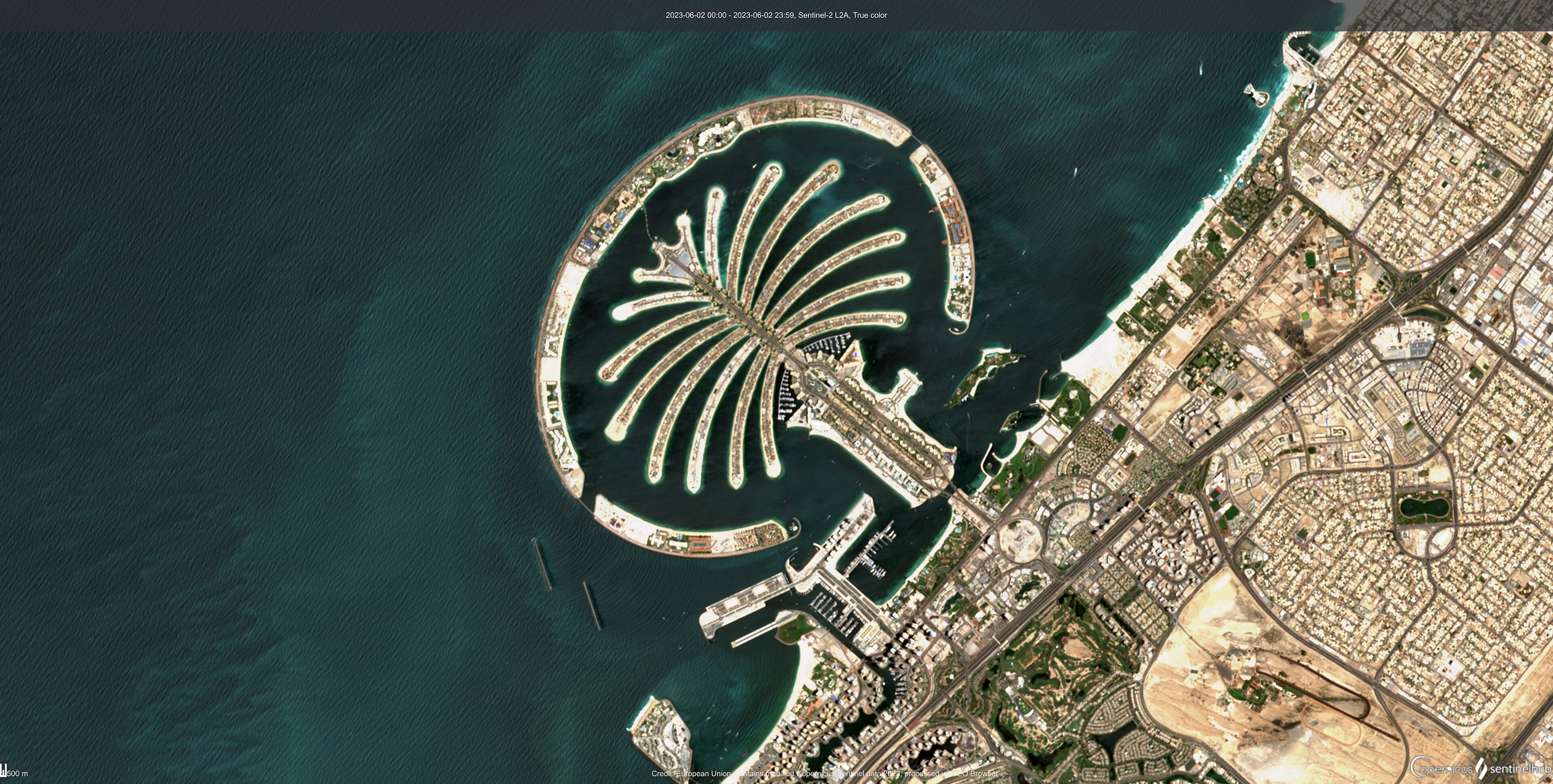 Copernicus Sentinel satellite view of the developed Palm Jumeirah on 2 June 2023