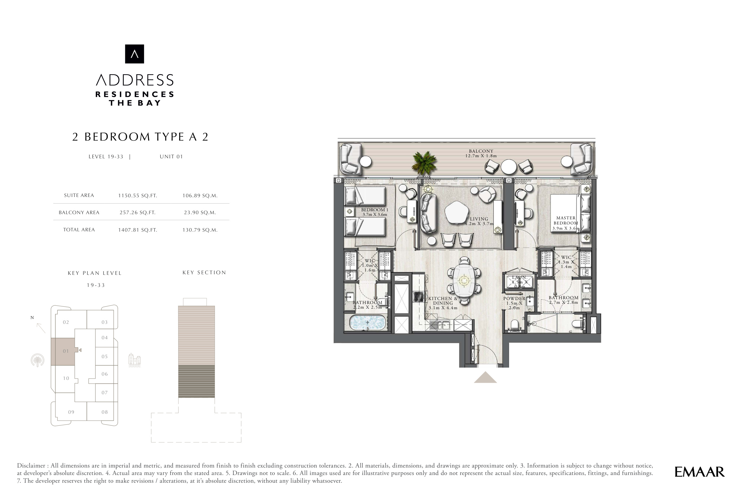 Address Residences The Bay · Penthouses · Sample two-bedroom Type A2 layout, 1,407.81 sq ft