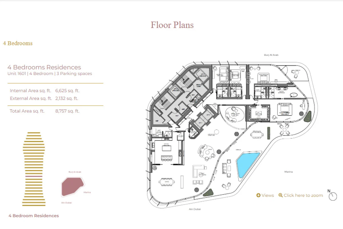 AVA at Palm Jumeirah · Sample four-bedroom Unit 1601 layout, 8,757 sq ft