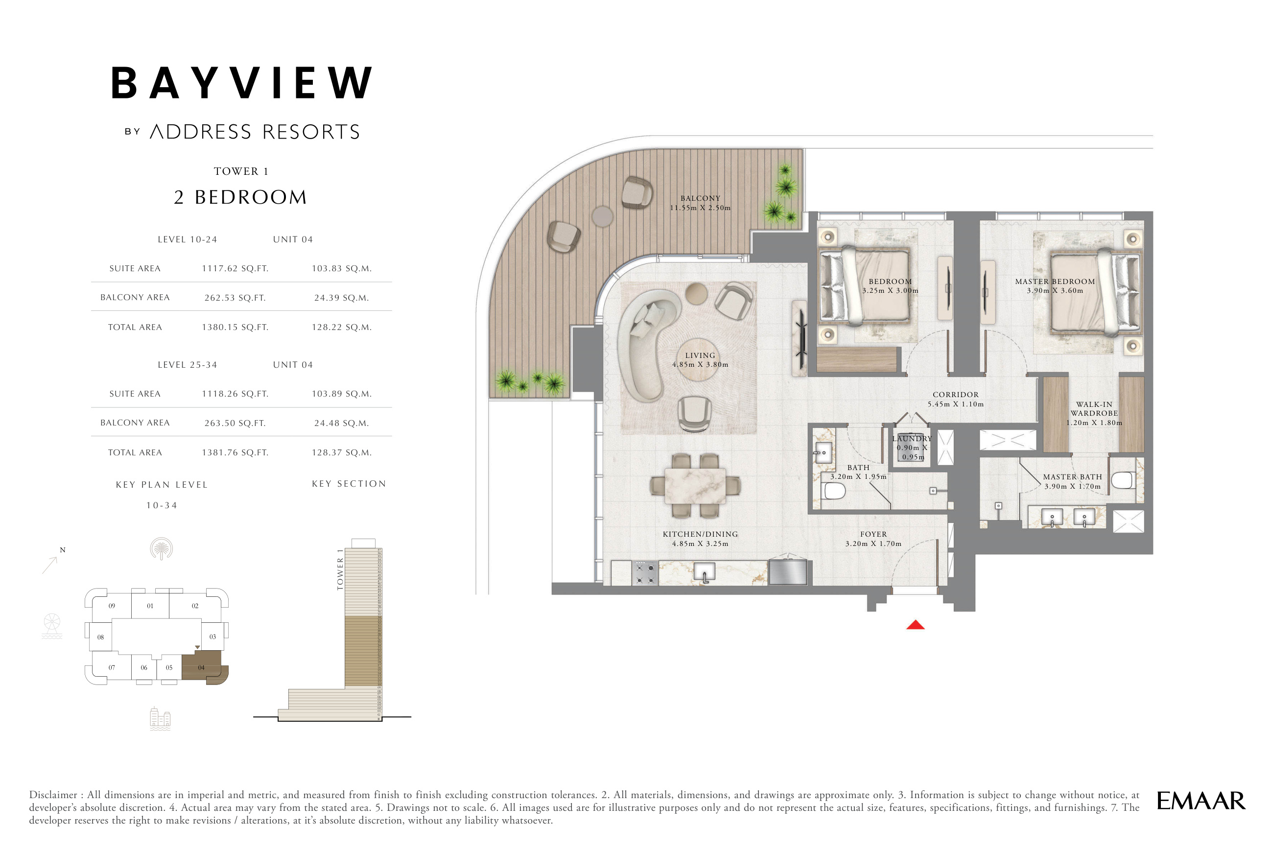 Bayview by Address Resorts · Penthouses · Sample two-bedroom Tower 1 Unit 04 layout, 1,380.15–1,381.76 sq ft