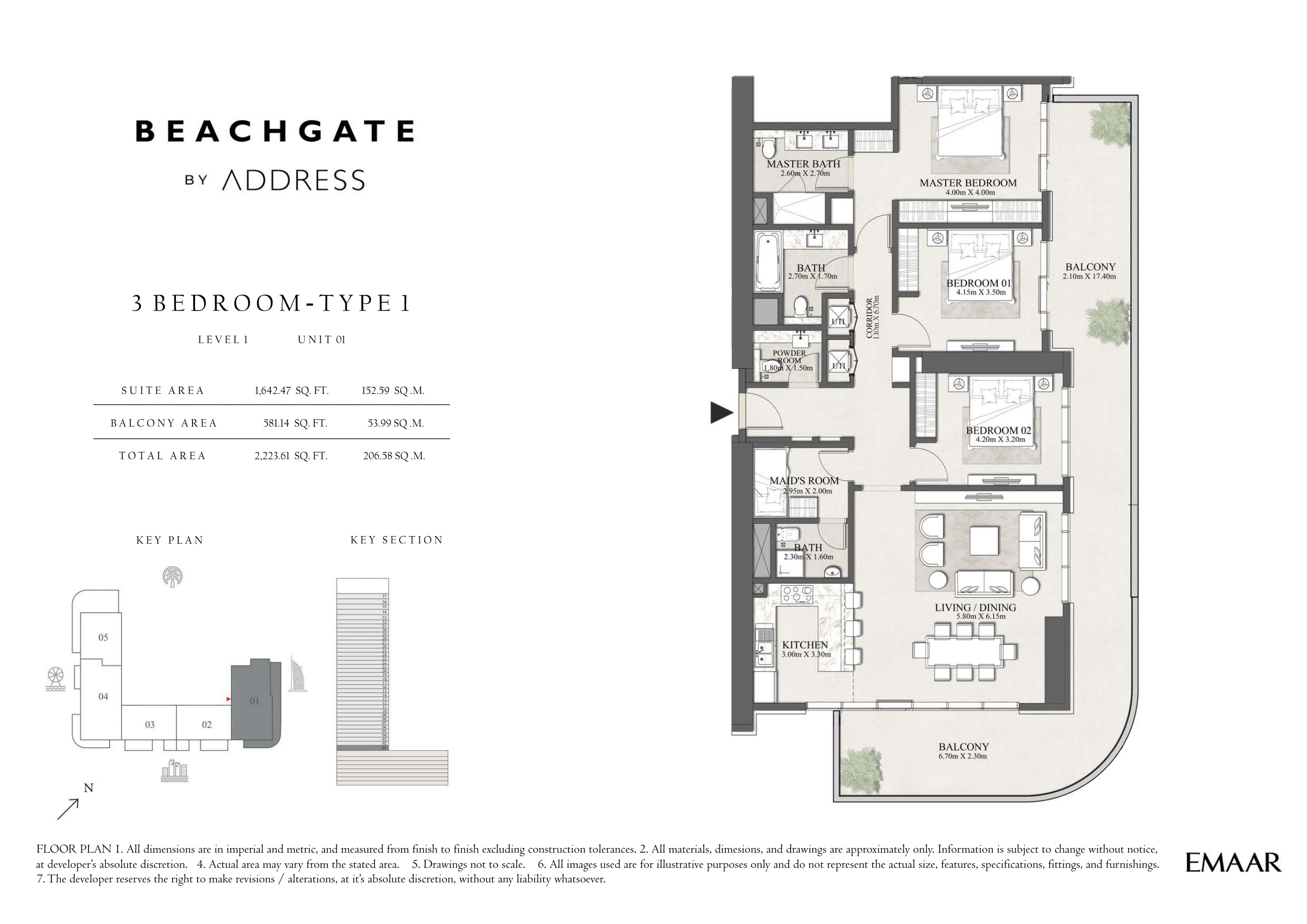 Beachgate by Address · Penthouses · Sample three-bedroom Type 1 layout, 2,223.61 sq ft