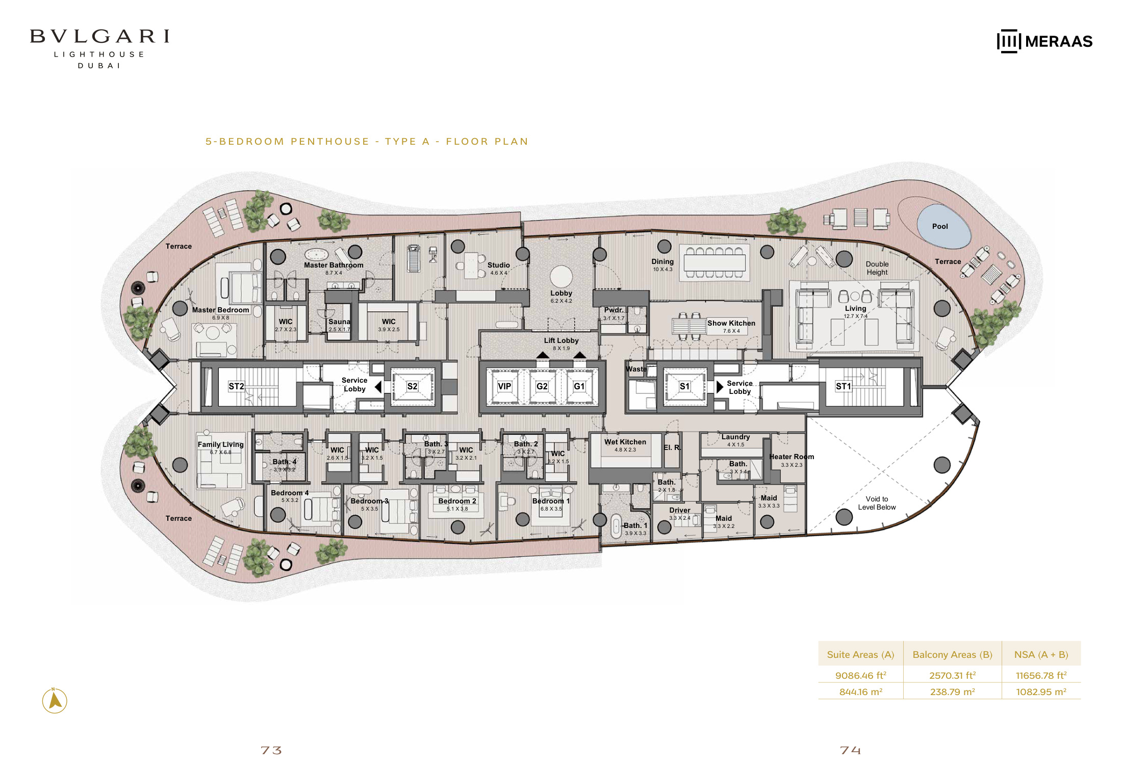 Bulgari Lighthouse Dubai · Sample five-bedroom Type A penthouse layout, 11,656.78 sq ft