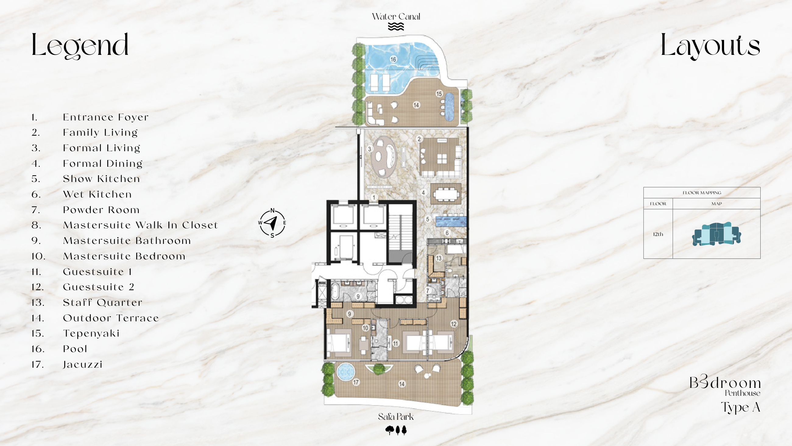 Casa Canal · Sample three-bedroom Type A penthouse layout on level 12