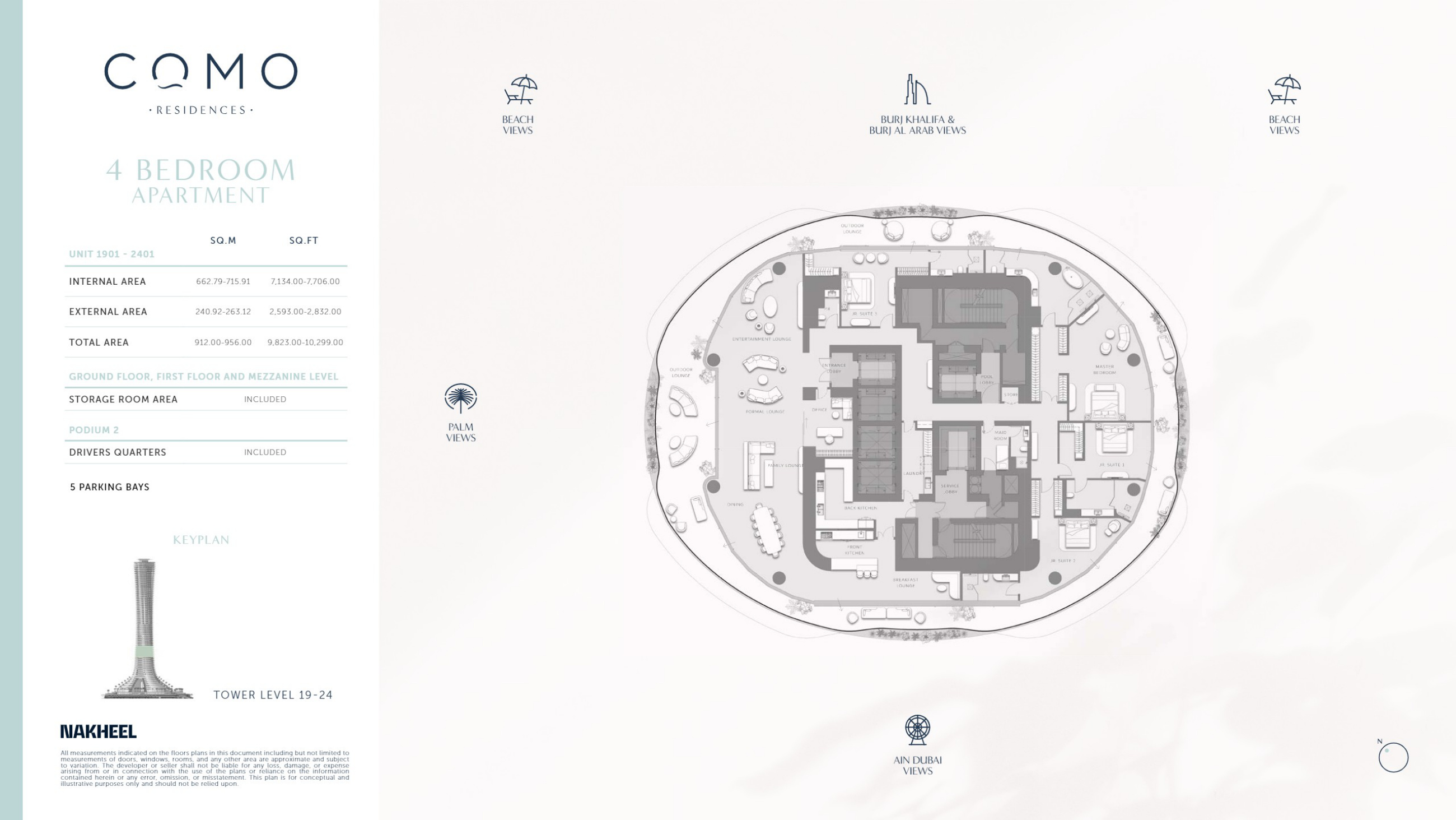 Como Residences · Sample four-bedroom apartment layout for units 1901–2401, 9,823–10,299 sq ft