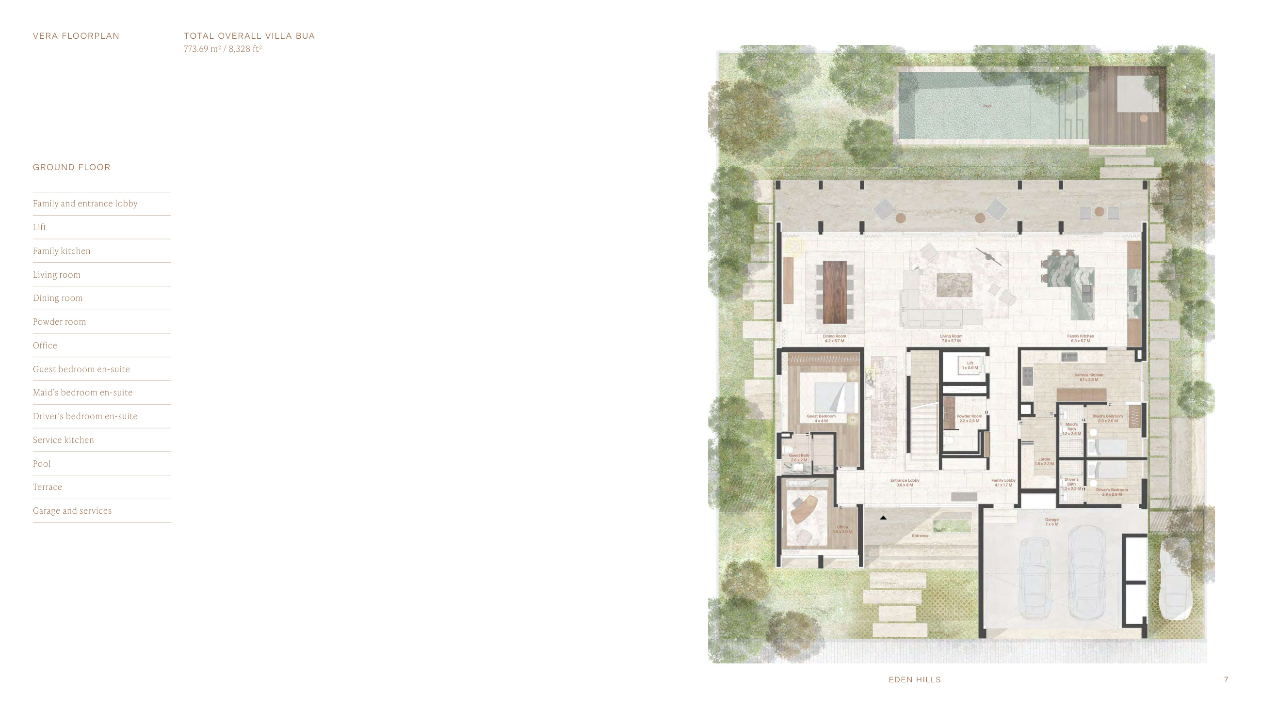 Eden Hills · Estate Villas · Sample five-bedroom Vera villa ground floor; total villa area 8,328 sq ft