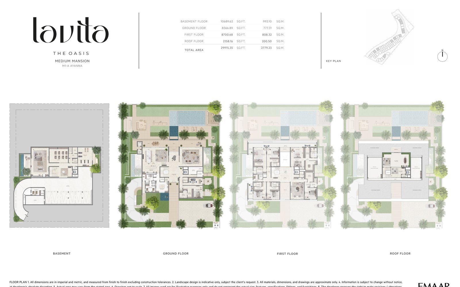 The Oasis · Mansion Selection · Project sample: Lavita at The Oasis, Medium Mansion M1-A AYANNA — basement, ground, first and roof floor diagrams. Exact selected mansion plan on request.