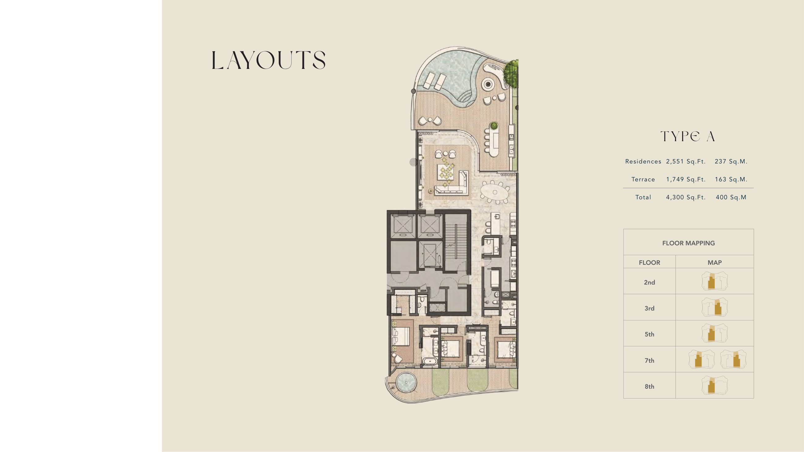 One Canal · Sample three-bedroom Type A penthouse layout, 4,300 sq ft