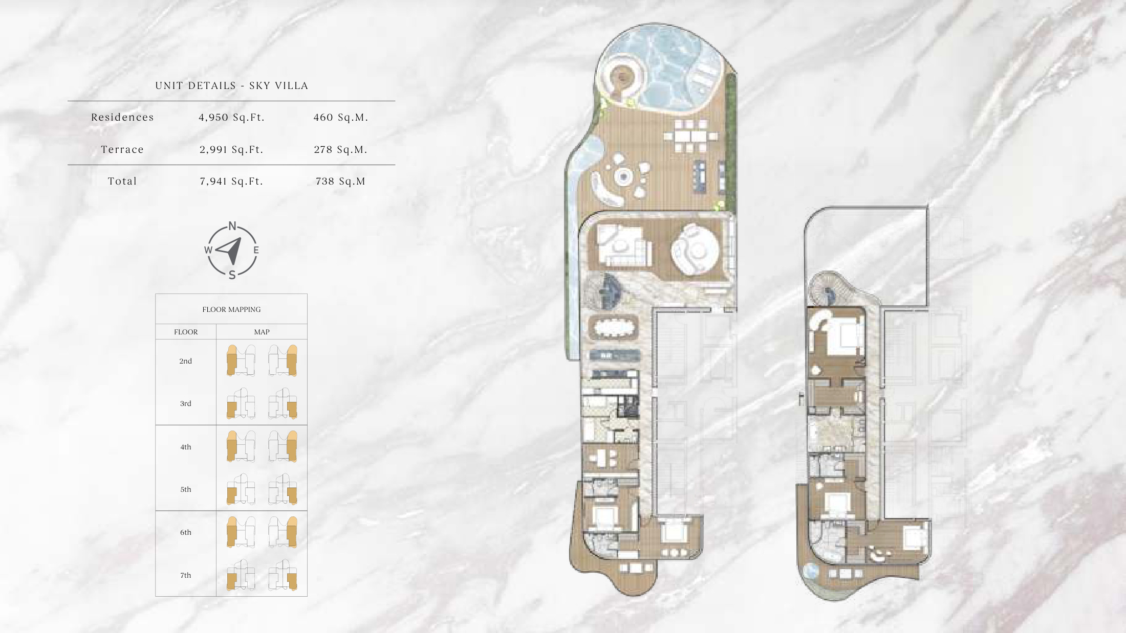 One Crescent · Sample five-bedroom duplex sky villa layout, 7,941 sq ft