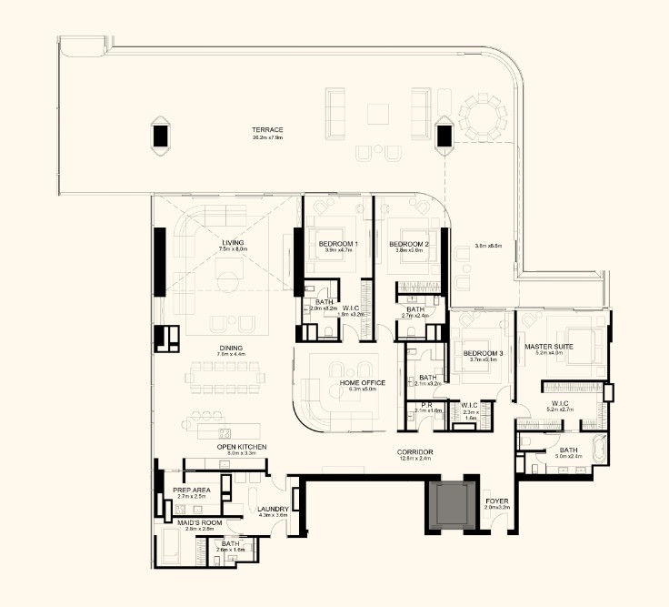 ORLA, Dorchester Collection, Dubai · Sample four-bedroom Unit 808 layout, 7,352 sq ft