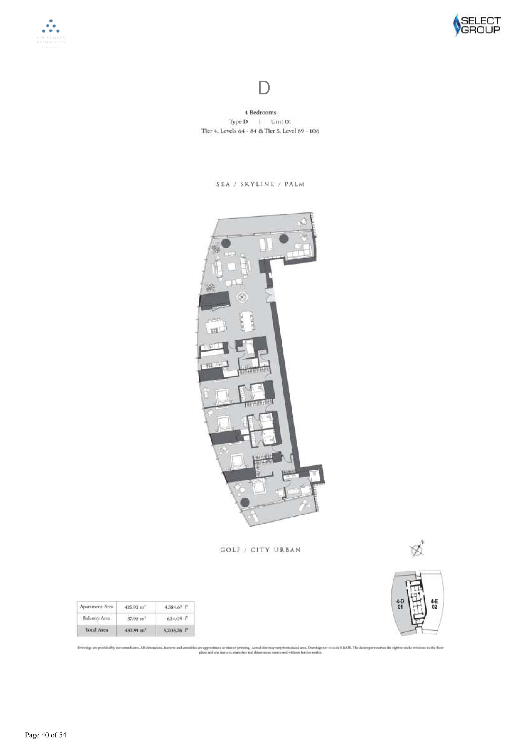 Six Senses Residences Dubai Marina · Sample four-bedroom Type D Unit 01 layout, 5,208.76 sq ft