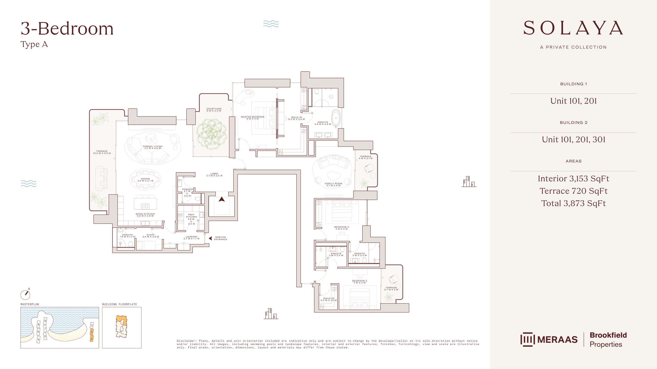 Solaya · Sample three-bedroom Type A layout, 3,873 sq ft