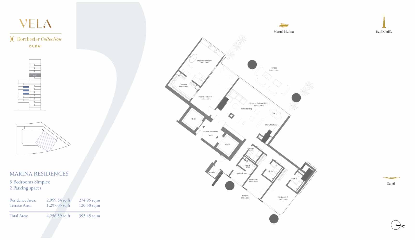 VELA · Sample three-bedroom Marina Residence simplex layout, 4,256.59 sq ft