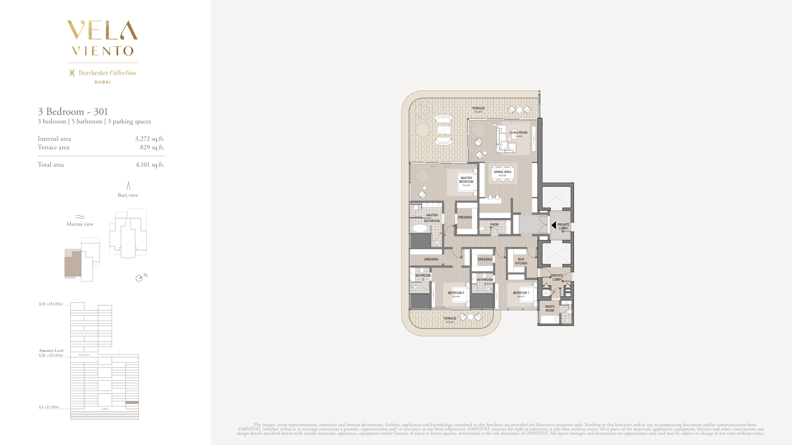 VELA VIENTO · Sample three-bedroom Unit 301 layout, 4,101 sq ft