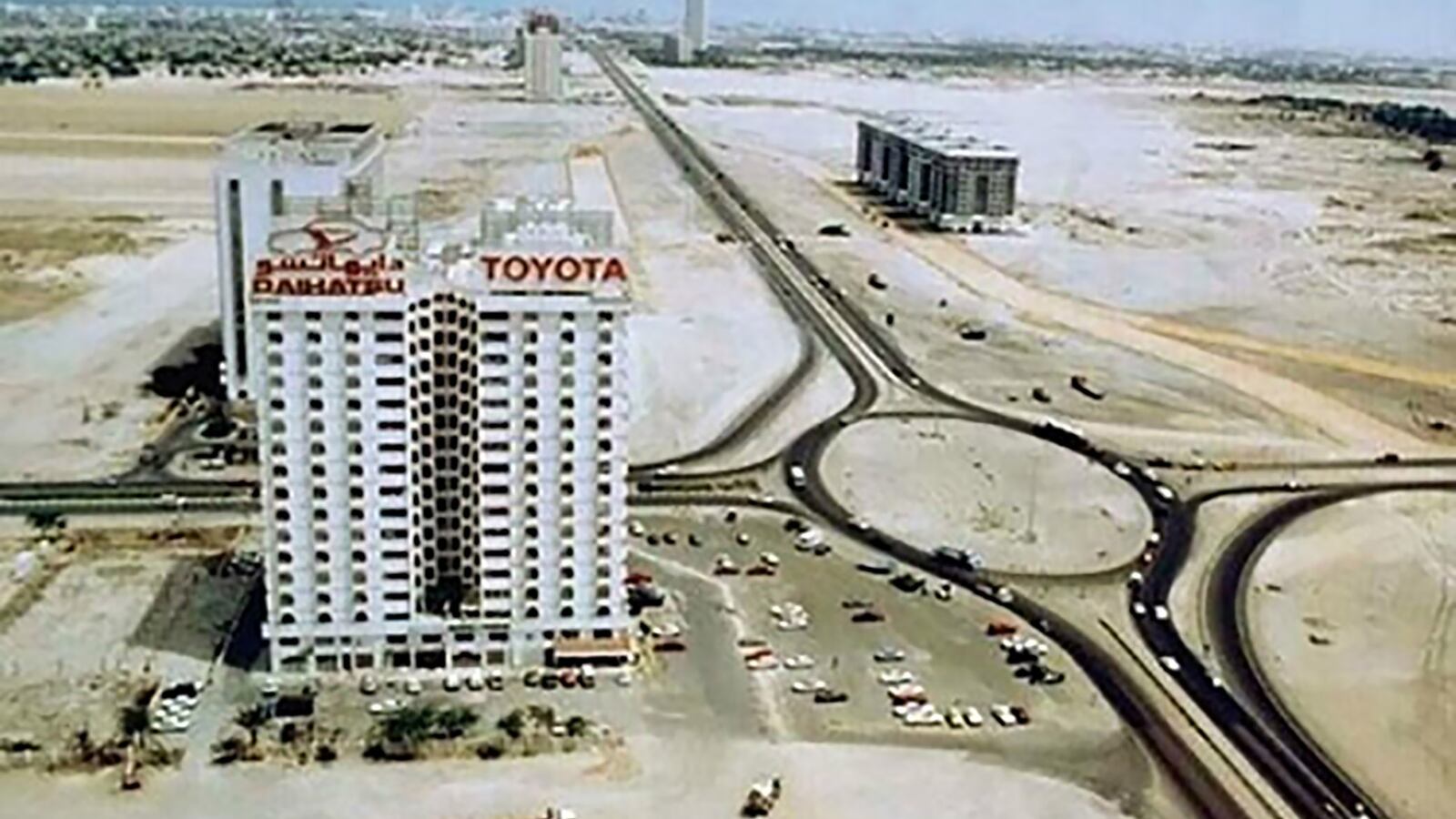 Historical aerial photograph of the Toyota building and Sheikh Zayed Road in the early 1990s